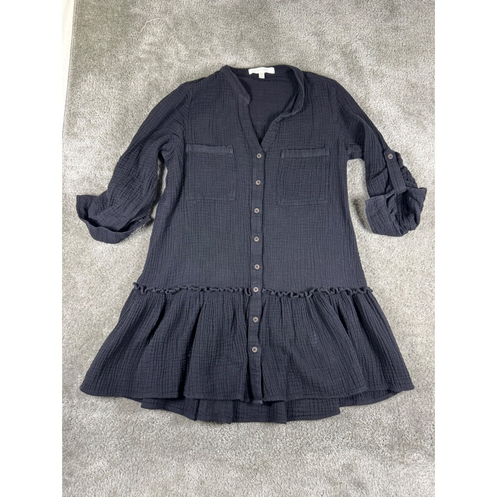 First Monday Black Cotton Gauze Ruffle Hem Tunic Dress XS-P